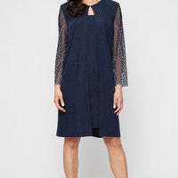 Short Metallic Knit Jacket Dress with Heat Set Illusion Sleeves and Elongated Jacket
