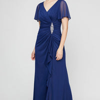 Long Surplice Neckline Mesh Dress with Flutter Sleeves, Embellishment at Hip and Cascade Skirt Detail