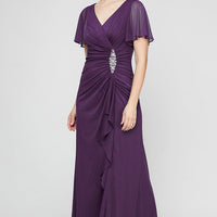 Plus - Mesh Gown with Flutter Sleeves, Embellishment at Hip and Cascade Skirt Detail