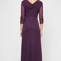 Long Portrait Collar Dress With Embellished Detail at Hip and Ruched Skirt Detail