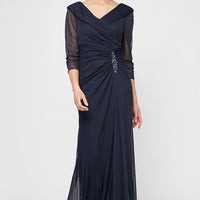 Long Portrait Collar Dress With Embellished Detail at Hip and Ruched Skirt Detail