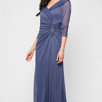 Long Portrait Collar Dress With Embellished Detail at Hip and Ruched Skirt Detail