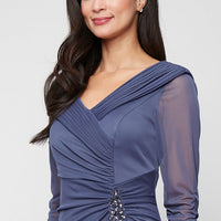 Long Portrait Collar Dress With Embellished Detail at Hip and Ruched Skirt Detail