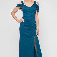 Long Cold Shoulder Mesh Dress with Surplice Neckline & Beaded Detail at Hip