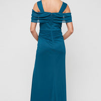 Long Cold Shoulder Mesh Dress with Surplice Neckline & Beaded Detail at Hip