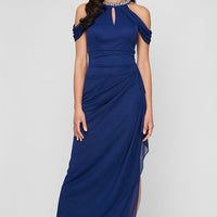 Mesh Beaded Halter Neck Dress with Cold Shoulder Sleeve and Cascade Ruffle Skirt