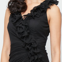 Long Mesh Surplice Halter Neck Dress with Ruched Waist Detail and Ruffle Neckline