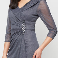 Long Portrait Collar Glitter Mesh Dress with Illusion Sleeves and Embellished Ruched Waist Detail