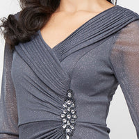 Petite Long Portrait Collar Glitter Mesh Dress with Illusion Sleeves and Embellished Ruched Waist Detail