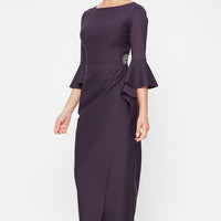 Contour Collection Long Sheath Dress with Bell Sleeves, a Cascade Ruffle Tulip Hem Skirt & Embellishment Detail at Hip