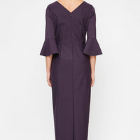 Contour Collection Long Sheath Dress with Bell Sleeves, a Cascade Ruffle Tulip Hem Skirt & Embellishment Detail at Hip
