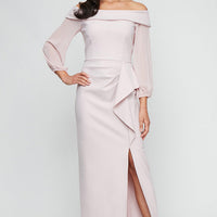 Regular - Off-the-Shoulder Dress with Sheer Chiffon Sleeves, Cascade Ruffle Skirt and Front Slit