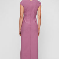 Petite - Long Contour Dress with Surplice Neckline, Cap Sleeves, Tulip Overlay Skirt and Beaded Embellishment at Hip