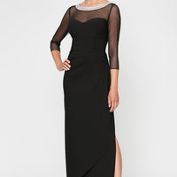 Long Matte Jersey Illusion 3/4 Sleeve Side Ruched Dress with Embellished Neckline