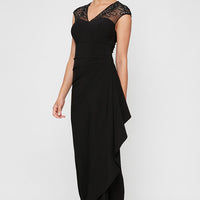 Petite Long Empire Waist Jersey Dress With Embellished and Embroidered Illusion Neckline/Back Detail and Cascade Detail Skirt