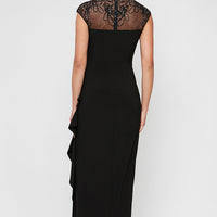 Long Empire Waist Dress with Embellished and Embroidered Illusion Neckline/Back Detail and Cascade Detail Skirt