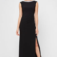 Long Sleeveless Dress with Embellishment Detail at Neckline and Front Slit