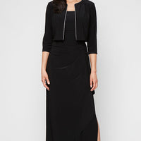 Petite Long Matte Jersey Jacket Dress with Scoop Neckline, Cascade Skirt, Open Jacket and Foil Piping Trim