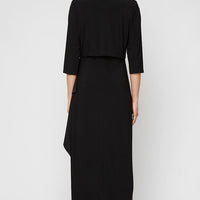 Petite Long Matte Jersey Jacket Dress with Scoop Neckline, Cascade Skirt, Open Jacket and Foil Piping Trim
