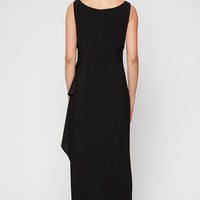 Long Matte Jersey Jacket Dress with Scoop Neckline, Cascade Skirt, Open Jacket and Foil Piping Trim
