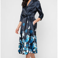 Tea Length Printed Mikado Dress with Surplice Neckline, A-Line Skirt and Tie Waist