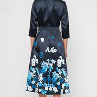 Tea Length Printed Mikado Dress with Surplice Neckline, A-Line Skirt and Tie Waist