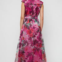 Long Sleeveless Printed Organza Ballgown with Portrait Collar Neckline and Tie Belt