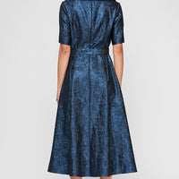 Midi Portrait Collar Stretch Jacquard Party Dress with Elbow Sleeves & Tie Waist