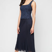 Plus Tea Length Textured Jacquard Mock Jacket Dress with Scoop Neck Bodice