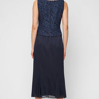 Tea Length Textured Jacquard Mock Jacket Dress with Scoop Neck Bodice