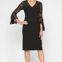 Petite Short V-Neck Sheath Crepe Dress with Illusion Neckline & Cascade Bell Sleeves