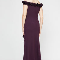 *Long Off the Shoulder Dress With 3D Flower Neckline and Front Slit