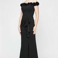 *Long Off the Shoulder Dress With 3D Flower Neckline and Front Slit