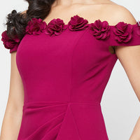 *Long Off the Shoulder Dress With 3D Flower Neckline and Front Slit