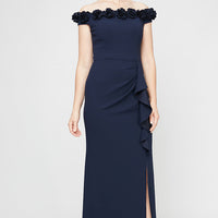 *Long Off the Shoulder Dress With 3D Flower Neckline and Front Slit