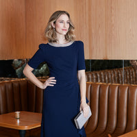 Petite Long Embellished Neck Dress with Elbow Sleeves and Cascade Detail Skirt