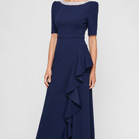 Long Embellished Neck Dress with Elbow Sleeves and Cascade Detail Skirt