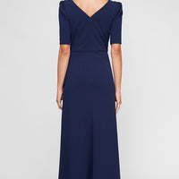 Petite Long Embellished Neck Dress with Elbow Sleeves and Cascade Detail Skirt