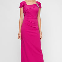 Petite - Long Cap Sleeve Crepe Dress With Embellished Asymmetric Neckline