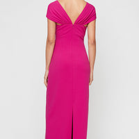 Petite - Long Cap Sleeve Crepe Dress With Embellished Asymmetric Neckline