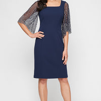 Petite Short Stretch Crepe Sheath Dress with Square Neckline and Heat Set Illusion Sleeves