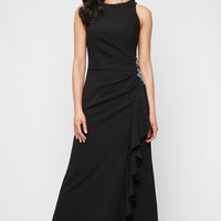 *Long Sleeveless Stretch Crepe Dress with Beaded Hip Detail and Cascade Ruffle Skirt