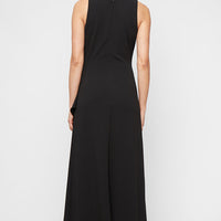 *Long Sleeveless Stretch Crepe Dress with Beaded Hip Detail and Cascade Ruffle Skirt