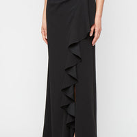 *Long Sleeveless Stretch Crepe Dress with Beaded Hip Detail and Cascade Ruffle Skirt