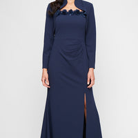 Long Stretch Crepe Bolero Jacket Dress with Flower Neckline Detail and Front Slit
