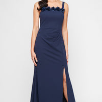 Long Stretch Crepe Bolero Jacket Dress with Flower Neckline Detail and Front Slit