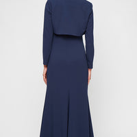 Long Stretch Crepe Bolero Jacket Dress with Flower Neckline Detail and Front Slit
