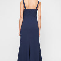 Long Stretch Crepe Bolero Jacket Dress with Flower Neckline Detail and Front Slit