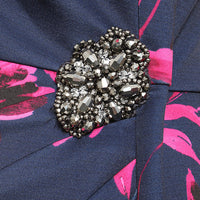 Regular - Short Printed Stretch Scuba Crepe Sheath Dress with Embellished Detail at Hip and Cascade Detail Skirt