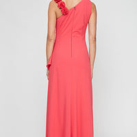 Long Stretch Crepe Dress with Flower Strap Detail and Cascade Skirt